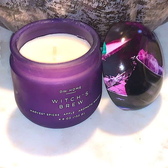 DW HOME CANDLE WITCH’S BREW HARVEST SPICED PURPLE GLASS 1 WICK NEW 4.5 oz MINI - Picture 4 of 6